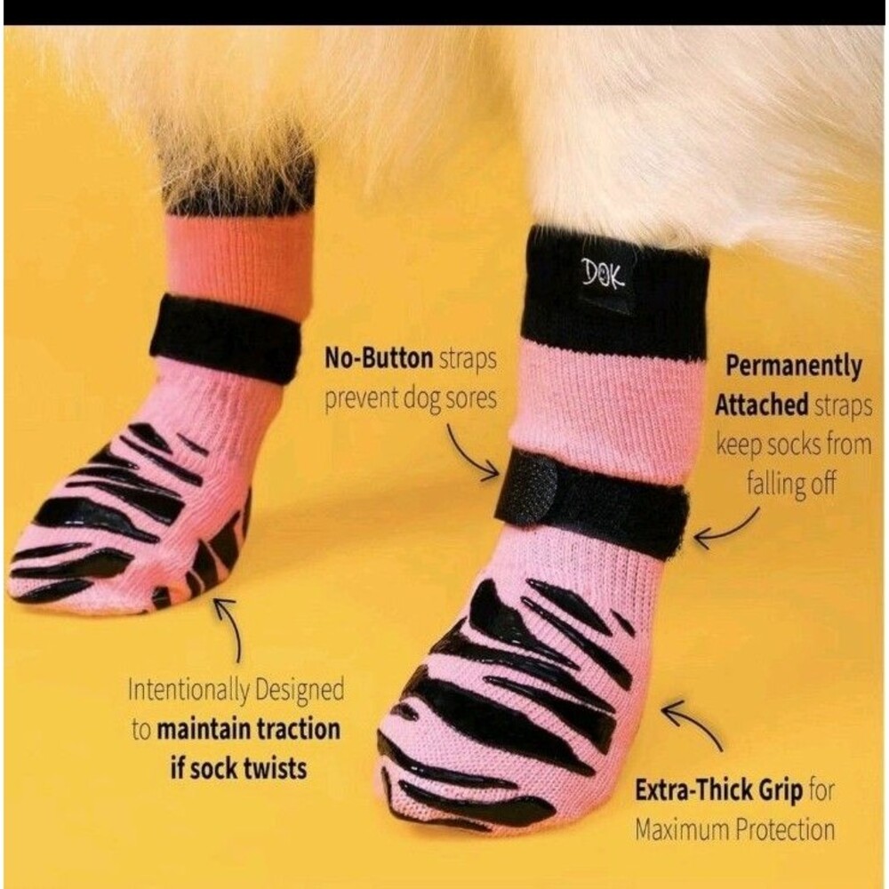 DOK TigerToes Premium Non-Slip Dog Socks Extra Thick Grip Paw Protection - Pink
